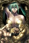  1girl 2boys abs adon_(cho_aniki) armpits bald bare_shoulders benten_(cho_aniki) blue_eyes breasts cho_aniki cleavage clenched_hand elbow_gloves gloves green_hair grin hairpods highres large_breasts long_hair multiple_boys muscle pasties pointy_ears samson shackle shiny shiny_skin smile sweat tan twintails zunta 