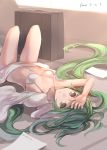  1girl artist_name bra copyright_name green_eyes green_hair hatsune_miku highres long_hair lying on_back solo swd3e2 twintails underwear very_long_hair vocaloid 