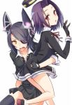  2girls d11 eyepatch fingerless_gloves gloves headgear hug kantai_collection mechanical_halo multiple_girls necktie open_mouth personification purple_hair ribbon short_hair sweatdrop tatsuta_(kantai_collection) tenryuu_(kantai_collection) thighhighs violet_eyes yellow_eyes 