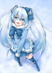  1girl 2013 azumi blue_eyes blue_hair blush bow character_name dated earmuffs fang hand_on_own_chest hatsune_miku long_hair mittens open_mouth skirt solo thighhighs twintails very_long_hair vocaloid yuki_miku 