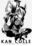  2girls back-to-back boots breasts eyepatch fingerless_gloves fist_bump gloves headgear kantai_collection looking_back mechanical_halo monochrome multiple_girls nakatani necktie personification school_uniform short_hair sitting skirt smile tatsuta_(kantai_collection) tenryuu_(kantai_collection) thigh-highs 