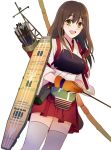  1girl aircraft_carrier akagi_(kantai_collection) arrow blush bow_(weapon) brown_eyes brown_hair japanese_clothes kantai_collection long_hair muneate ohashi0 open_mouth personification short_hair skirt smile solo thighhighs weapon white_legwear 