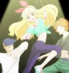  1girl 2boys aikatsu! blonde_hair dancing highres hoshimiya_ichigo long_hair multiple_boys red_eyes ribbon screencap stitched 