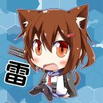  blush brown_eyes brown_hair chibi highres ikazuchi_(kantai_collection) kantai_collection kibunya open_eyes open_mouth pantyhose personification pleated_skirt school_uniform serafuku skirt 