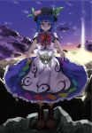 1girl blue_hair boots food fruit hat highres hinanawi_tenshi keystone long_hair long_skirt peach red_eyes ruuto_(sorufu) skirt solo touhou twilight