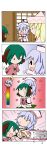  3girls 4koma absurdres angry animal_ears blonde_hair chibi closed_eyes comic drooling gameplay_mechanics green_hair hachimakirin hat heart highres jealous kasodani_kyouko lily_white merlin_prismriver multiple_girls open_mouth petals silent_comic silver_hair sitting smile sweatdrop tackle touhou 