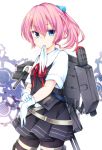  1girl bike_shorts blue_eyes blush gloves hair_ornament kantai_collection mouth_hold personification pink_hair pleated_skirt school_uniform shiranui_(kantai_collection) short_hair short_sleeves skirt solo tama_(soon32281) white_gloves 
