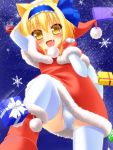  1girl alice_margatroid alice_margatroid_(pc-98) animal_ears anni_minto blonde_hair blush cat_ears fang from_ground hairband highres panties pantyshot santa_costume solo thighhighs touhou underwear white_legwear white_panties yellow_eyes 