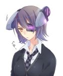  1girl d11 depressed eyepatch headgear kantai_collection looking_down necktie personification purple_hair short_hair solo tenryuu_(kantai_collection) yellow_eyes 