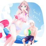  1boy 1girl bikini blonde_hair green_eyes innertube maka_albarn pan_(ahoi!) red_eyes short_hair shorts soul_eater soul_eater_(character) swim_trunks swimsuit white_hair 