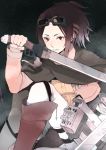  1girl boots brown_hair goggles goggles_on_head hange_zoe shingeki_no_kyojin solo sword toshimasa_(serialism) weapon 