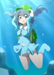  1girl backpack bag blue_eyes blue_hair boots bubble bwell dress hair_bobbles hair_ornament hand_on_head hat kawashiro_nitori key long_sleeves looking_at_viewer open_mouth pocket rubber_boots shirt short_hair skirt skirt_set smile solo touhou twintails underwater wet wet_clothes 