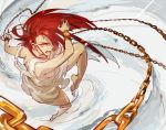  1girl angry bare_legs barefoot breasts chain cuffs dress fighting_stance legs magi_the_labyrinth_of_magic morgiana red_eyes redhead sideboob torn_clothes 