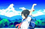  1girl arms_up backpack bag black_hair blue_sky bust closed_eyes clouds condensation_trail forest nature neckerchief ogipote original school_uniform serafuku short_sleeves sky smile solo stretch 