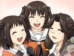  3girls brown_hair closed_eyes double_bun gloves hands_on_another&#039;s_shoulders jintsuu_(kantai_collection) kantai_collection machinery multiple_girls naka_(kantai_collection) open_mouth personification sendai_(kantai_collection) supon turret twintails 
