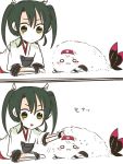  2girls 2koma :3 animalization blush comic green_eyes green_hair itomugi-kun japanese_clothes kantai_collection long_hair multiple_girls personification seal shoukaku_(kantai_collection) smile translated twintails white_background zuikaku_(kantai_collection) 