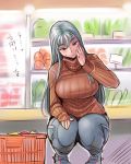  1girl blush breasts casual groceries hand_on_own_face large_breasts long_hair red_eyes ribbed_sweater selvaria_bles senjou_no_valkyria senjou_no_valkyria_1 shopping shopping_basket silver_hair solo squatting supermarket sweatdrop sweater tsuda_nanafushi turtleneck 