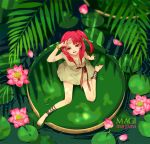  1girl ankle_lace-up barefoot bracelet cross-laced_footwear dress feet flower grass jewelry legs lily_pad looking_up lotus magi_the_labyrinth_of_magic miyeong_yamaguchi morgiana nature red_eyes redhead shrinking sitting water 