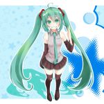  1girl aoi_(kiyokiyoaomushi) black_legwear blush breasts detached_sleeves green_eyes green_hair grin hatsune_miku highres long_hair looking_at_viewer necktie skirt smile solo thighhighs twintails very_long_hair vocaloid 