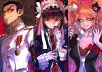  1boy 2girls black_hair blue_eyes celestia_rudenberk cup dangan_ronpa drill_hair gothic_lolita ishimaru_kiyotaka jewelry kirigiri_kyouko lolita_fashion long_hair medal multiple_girls necklace necktie red_eyes smile spoilers twintails uniform 