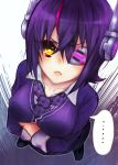  ... 1girl :&lt; breasts crossed_arms erect_nipples eyepatch from_above headgear highres kantai_collection large_breasts looking_up mmg necktie personification purple_hair school_uniform short_hair solo sweater tenryuu_(kantai_collection) yellow_eyes 