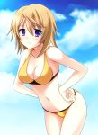  1girl bikini blonde_hair breasts charlotte_dunois cleavage highres infinite_stratos midori_rin navel short_hair sky smile solo swimsuit violet_eyes 