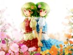  2girls alternate_color ascot back-to-back backlighting brooch dual_persona flower green_hair hair_flower hair_ornament holding_hands interlocked_fingers jewelry kazami_yuuka looking_at_viewer multiple_girls open_mouth player_2 puffy_sleeves red_eyes shironeko_yuuki shirt short_sleeves skirt skirt_set smile touhou vest 
