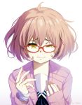  1girl ahoge artist_name bandages bleeding blood blush brown_hair cardigan glasses gradient_hair grimace hand_on_own_chest hews_hack jewelry kuriyama_mirai kyoukai_no_kanata multicolored_hair purple_hair red-framed_glasses ring school_uniform serafuku short_hair solo tears white_background yellow_eyes 