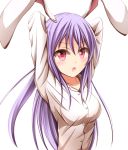  1girl animal_ears arms_behind_head arms_up breasts bust collarbone kuroganeruto long_hair long_sleeves looking_at_viewer no_jacket open_mouth pink_eyes purple_hair rabbit_ears reisen_udongein_inaba simple_background solo stretch touhou white_background 