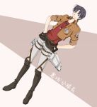  1boy belt boots cosplay genderswap jacket katsuragi_misato namerakaweb neon_genesis_evangelion purple_hair shingeki_no_kyojin short_hair smile solo thigh_strap three-dimensional_maneuver_gear violet_eyes 