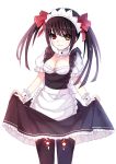  1girl alternate_costume bai_kongque black_hair black_legwear breasts cleavage clock_eyed date_a_live enmaided hairband heterochromia long_hair looking_at_viewer maid red_eyes skirt_hold smile solo thighhighs tokisaki_kurumi twintails white_background yellow_eyes 