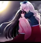  2girls black_hair blue_eyes braid hat houraisan_kaguya hug long_hair long_skirt long_sleeves looking_at_viewer moon multiple_girls night night_sky nurse_cap profile puffy_sleeves red_eyes shirt short_sleeves silver_hair single_braid skirt sky smile sui_(camellia) touhou very_long_hair wide_sleeves yagokoro_eirin 