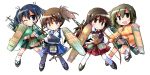  4girls akagi_(kantai_collection) armor arrow black_eyes black_hair bow_(weapon) brown_eyes brown_hair chibi gloves highres hiryuu_(kantai_collection) japanese_clothes kaga_(kantai_collection) kantai_collection long_hair looking_at_viewer machinery multiple_girls muneate open_mouth personification ponytail quiver sandals side_ponytail smile socks souryuu_(kantai_collection) thighhighs twintails weapon wink yuuhi_alpha 
