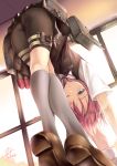  1girl ass bike_shorts black_bike_shorts blue_eyes fukai_ryousuke grey_legwear highres kantai_collection kneehighs kneepits long_hair looking_at_viewer personification pink_hair pleated_skirt school_uniform serafuku shiranui_(kantai_collection) shoes short_hair signature skirt solo wink 