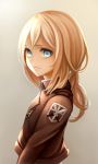  1girl blonde_hair blue_eyes christa_renz jacket long_hair ponytail sashimi_(adam026) shingeki_no_kyojin simple_background smile solo uniform 