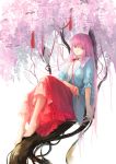  1girl barefoot bow expressionless face_mask fancybetty hata_no_kokoro highres in_tree long_hair looking_at_viewer mask mask_removed pink_eyes pink_hair shirt short_sleeves sitting sitting_in_tree skirt solo touhou tree very_long_hair 