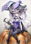  1girl :p animal_ears black_gloves black_legwear breasts bunnysuit cape fishnet_pantyhose fishnets gloves hair_between_eyes highres kantai_collection monster pale_skin pantyhose payot personification pumpkin rabbit_ears silver_hair sitting solo staff taishi_(artist) tongue wo-class_aircraft_carrier yellow_eyes 