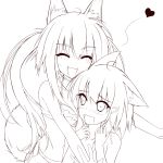  2girls absurdres animal_ears blush breast_press brown_hair closed_eyes collarbone heart highres k-asul lineart long_hair monochrome multiple_girls open_mouth original short_hair smile tail twintails 