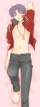  1boy barefoot blush dakimakura genderswap jacket jewelry katsuragi_misato navel necklace neon_genesis_evangelion open_clothes open_shirt purple_hair short_hair smile solo unbuttoned violet_eyes 