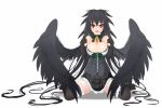  1girl alternate_costume bare_shoulders black_hair blush breasts cleavage gloves gmot highres large_breasts long_hair open_mouth red_eyes reiuji_utsuho skirt solo thighhighs touhou very_long_hair wings 
