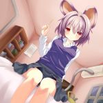  1girl 5240mosu absurdres animal_ears basket book bookshelf breasts highres looking_at_viewer mimikaki mouse mouse_ears mouse_tail nazrin on_bed red_eyes silver_hair sitting skirt smile tail touhou 
