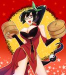  1girl bare_shoulders black_bra black_hair black_panties blazblue bra breasts chinese_clothes cleavage cleavage_cutout glasses huge_breasts lao_jiu litchi_faye_ling long_hair panda panties ponytail solo susu_(susuhako) underwear very_long_hair violet_eyes wink 