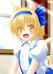  1girl alice_margatroid alice_margatroid_(pc-98) animal_ears anni_minto blonde_hair blush_stickers cat_ears cat_tail fang hairband highres solo tail touhou yellow_eyes 