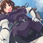  1girl ashigara_(kantai_collection) blush breasts brown_eyes brown_hair cannon dd_(ijigendd) elbow_gloves gloves hair_ornament hairband kantai_collection long_hair open_mouth pantyhose personification skirt smile solo turret 