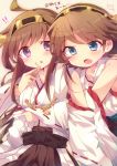  !! 2girls ahoge blue_eyes blush brown_hair cookie detached_sleeves fang feeding food food_on_face hairband hiei_(kantai_collection) hug hug_from_behind japanese_clothes kantai_collection kongou_(kantai_collection) mikomikko multiple_girls open_mouth personification siblings sisters violet_eyes 