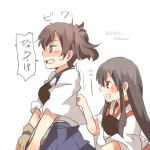  2girls akagi_(kantai_collection) black_eyes blush kaga_(kantai_collection) kantai_collection long_hair lowres multiple_girls open_mouth rebecca_(keinelove) short_hair side_ponytail smile yellow_eyes 