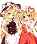  2girls apron ascot black_dress blonde_hair bow brown_eyes dress flandre_scarlet hair_bow hat highres kirisame_marisa long_hair looking_at_viewer mob_cap multiple_girls open_mouth puffy_sleeves purple_nails red_dress red_eyes red_nails shirt short_sleeves side_ponytail simple_background smile takahasiy touhou v very_long_hair waist_apron white_background wings wink witch_hat wrist_cuffs 