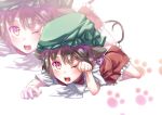  1girl animal_ears brown_hair cat_ears cat_tail chen hat highres lying on_stomach paw_pose red_eyes ruuto_(sorufu) solo tail touhou 