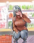  1girl bespectacled blush breasts casual glasses groceries hand_on_own_face large_breasts long_hair red_eyes ribbed_sweater selvaria_bles senjou_no_valkyria senjou_no_valkyria_1 shopping shopping_basket silver_hair solo squatting supermarket sweatdrop sweater tsuda_nanafushi turtleneck 