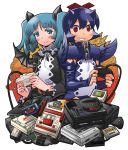  2girls aqua_eyes aqua_hair blue_hair blush bridal_gauntlets cable character_request choker controller denshi_yuugi_mokushiroku famicom famicom_cartridge famicom_gamepad flat_chest fur_collar game_boy game_cartridge game_controller game_gear gamepad gothic_lolita grin hair_ribbon horns lolita_fashion matsuda_yuusuke multiple_girls neo_geo pc_engine red_cross red_eyes ribbon sega_cd sega_mega_drive short_hair smile super_famicom super_famicom_gamepad tagme twintails wings 